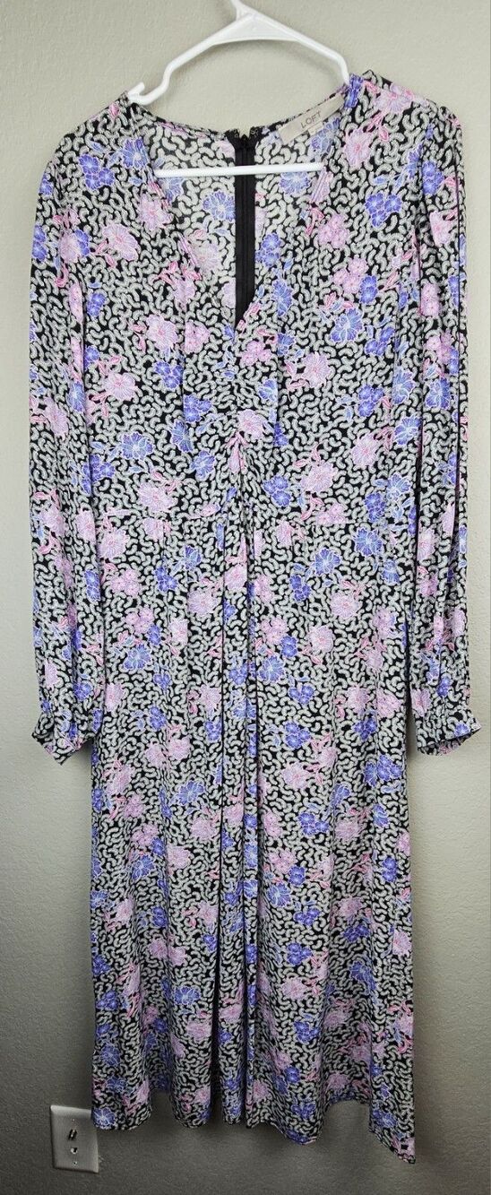 Loft Women's Size 10 Long Sleeve Dress Black Pink Purple Floral